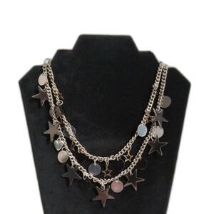 Silver Tone Metal Curb Link Double Strand Star & Circle Charm Statement Necklace